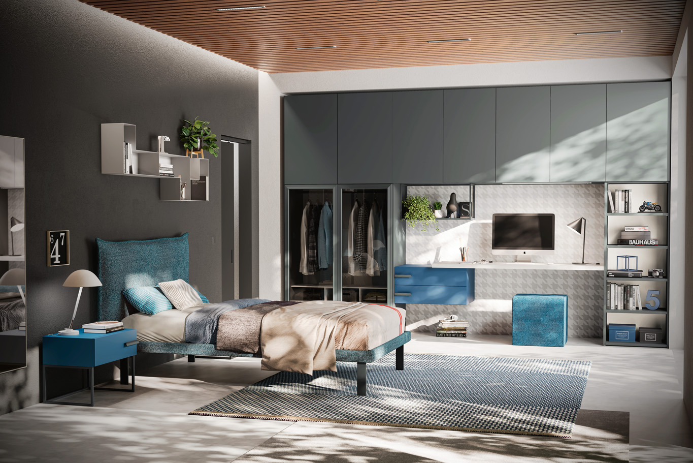 Jugendzimmer mit Brückenschrank mit Bett & Arbeitsplatz