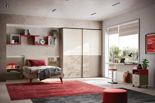 Jugendzimmer mit Schiebetür-Schrank & Outline-Regal